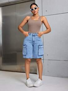 SHEIN SXY Utility Style Denim Shorts - Blue - View 4