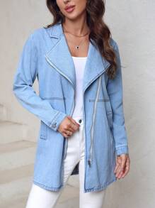 SHEIN LUNE Zipper Front Long Sleeve Denim Jacket - Blue - View 4