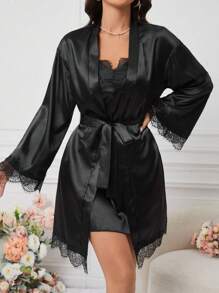 SilkySpell Lace Trimmed Satin Cami Dress And Long Sleeve Belted Robe Pajamas Set