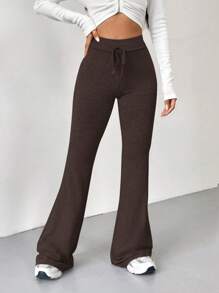 SHEIN EZwear 女士綁帶高腰擴口寬褲 - 棕色 - 查看 1