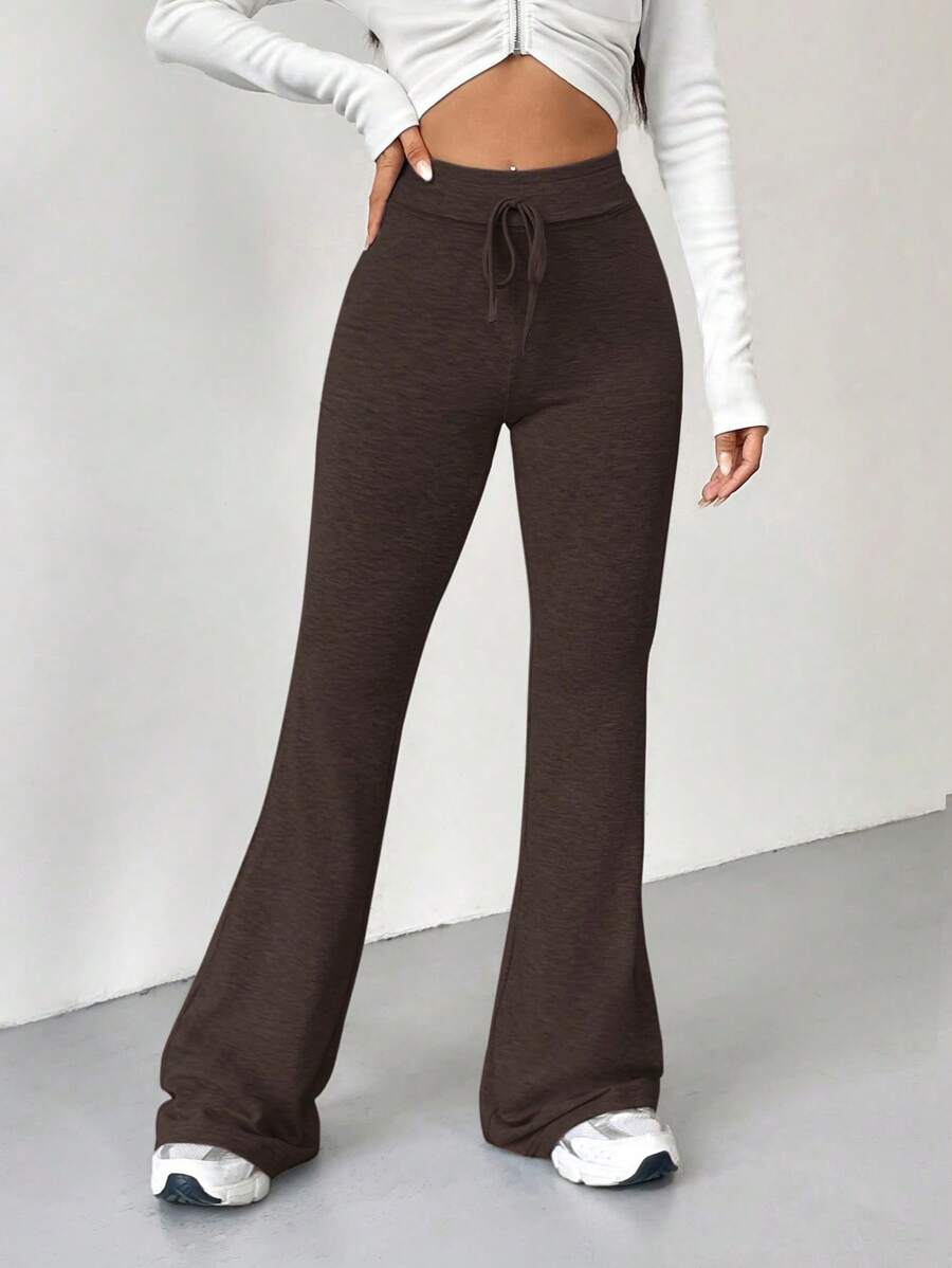 SHEIN EZwear 女士綁帶高腰擴口寬褲 - 棕色 - 查看 1