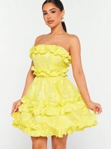 Hauture Floral Ruffle Frill Tube Dress - Yellow - View 1