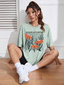 SHEIN EZwear 植物印花長款短袖t恤 - 薄荷綠 - 查看 4