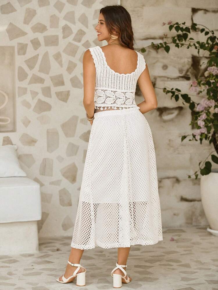 Women's Beach Summer Outfit Fringe Decorated Top, Hollow Out Knit Midi Skirt And Sweater Set