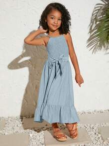 SHEIN Leap Crew 年輕女孩休閒純色頸挂連衣裙 - 藍色 - 查看 5