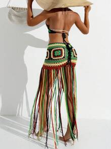 SHEIN Swim Summer Beach Women's Hollow Out Knitted Colorblock Tassel Cover Up - Multicolor - View 2