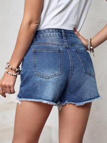 SHEIN LUNE Women's Lace Patchwork Denim Shorts - Blue - View 2