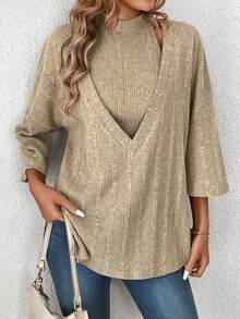 SHEIN LUNE 2件套女士露背頸肋織背心和垂墜肩長袖衫 - 杏色 - 查看 4