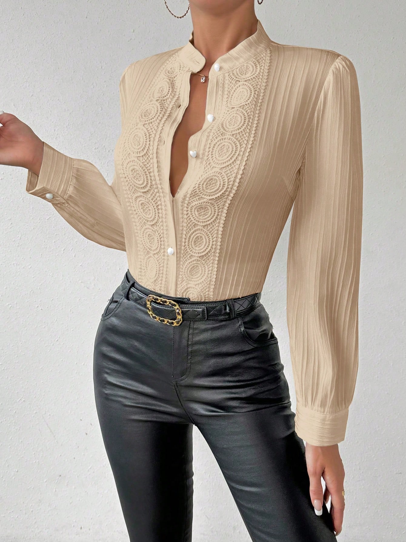 RosyDaze قميص بأكمام طويلة بنقوش من الدانتيل ،ملاب...