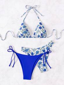 3pcs/set Women's Floral Print Halter Neck Swimwear Set, Random Print - Multicolor - View 5