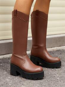 SheIn ICON Casual Women'S Reddish Brown High Heel Knee-High Boots With Back Zipper And Stud Decor