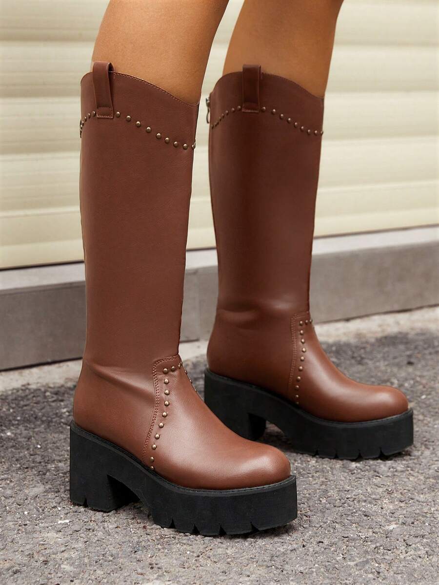 SheIn ICON Casual Women'S Reddish Brown High Heel Knee-High Boots With Back Zipper And Stud Decor