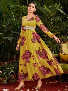 Divindia Women's Floral Print Lantern Sleeve Style Dress