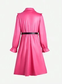 SHEIN Tween Girls Dresses Berikat Tombol Ganda Ruffle Plain Lucu - Hot Pink - View 2