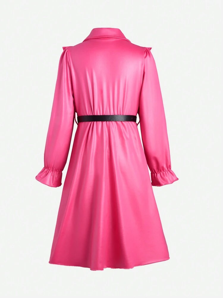 Tween Girls' Stylish Solid Color Double-Breasted Dress With Ruffles, Suitable For Daily Wear In Spring, Autumn And Winter