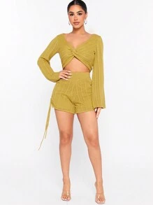 Hauture Pointelle Knit Top & Shorts Set - Mustard Yellow - View 3