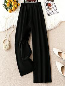 SHEIN LUNE Plus Size Women's Solid Color Pants - Black - View 2