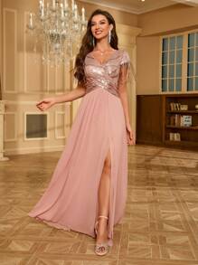 Women's Glamorous Sequin Sleeve Dress With Slit Hem And Fringe - Pink - View 1
