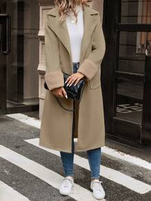 SHEIN Frenchy 翻領雙口袋大衣 - 杏色 - 查看 5
