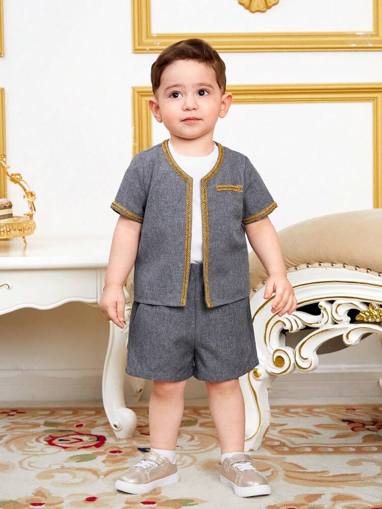 Baby Boy Short Sleeve Patchwork Shirt Elastic Waist Shorts Set