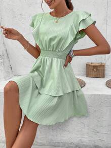 Chiquease Women'S Double Layered Ruffle Sleeve Waist Shirred Dress - Mint Green - View 2