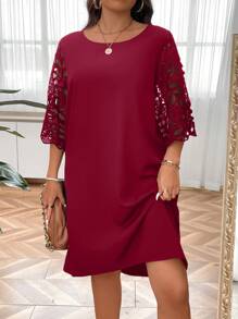 SHEIN LUNE 大尺碼女士露肩七分袖直身裙 - 酒紅色 - 查看 5