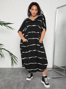 SHEIN CURVE+ 大尺碼女性用綁染雙口袋連衣裙 - 黑色 - 查看 5