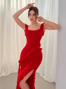 Aloruh Slit Front Valentine's Day Dress With Frill Trim