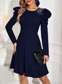 EMERY ROSE 女式羊腿袖針織裝飾連衣裙 - 藏蓝色 - 查看 4