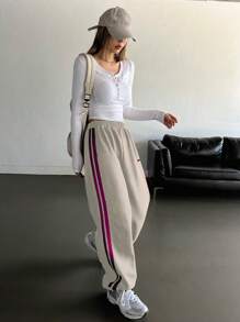 DAZY Women's Side Striped Letter Print Sweatpants,Women Joggers - Khaki - View 4