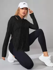 Easithlete Women's Hooded Geometric Texture Sports Sweatshirt Black Zip Up Fall Sweatshirts - Black - View 1