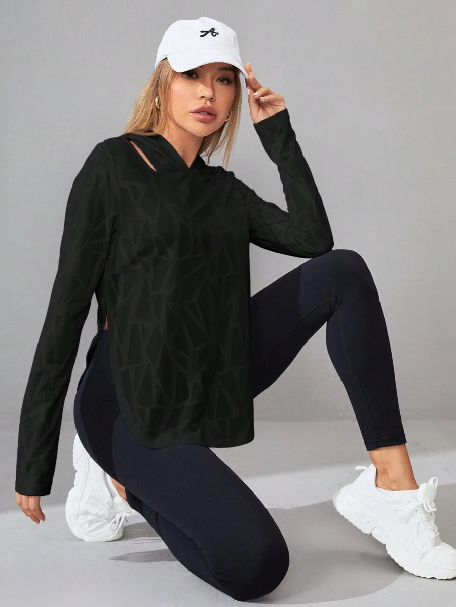 Easithlete Women's Hooded Geometric Texture Sports Sweatshirt Black Zip Up Fall Sweatshirts - Black - View 1