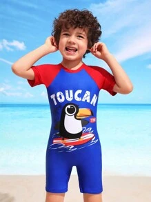 Boys' Cartoon Print Colorblocked Short Sleeve One Piece Swimsuit - Multicolor - View 1