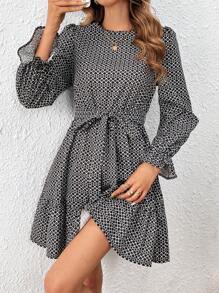 SHEIN Frenchy Của phụ nữ In Tay áo xù Váy có thắt lưng - Nhiều màu - Xem 1