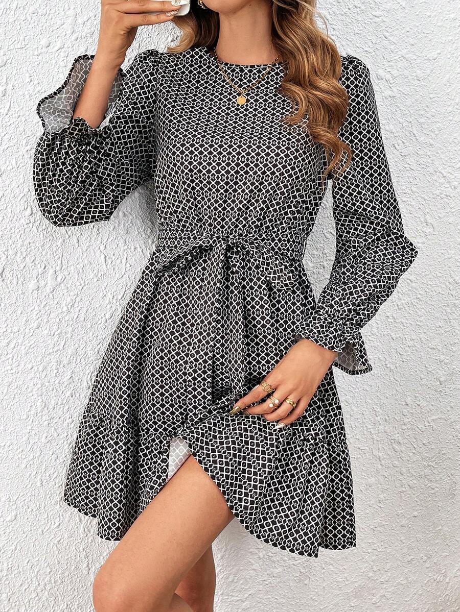 SHEIN Frenchy Của phụ nữ In Tay áo xù Váy có thắt lưng - Nhiều màu - Xem 1