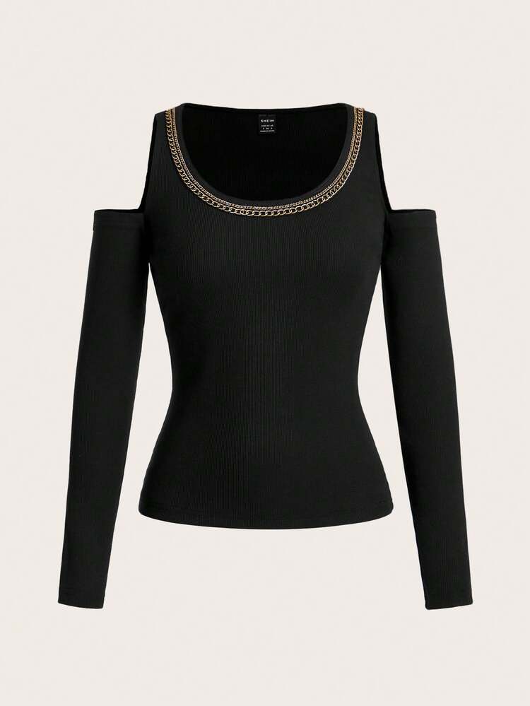 Women's Square Collar Hollow Out Long Sleeve T-Shirt With Chain Accessory