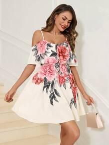 SHEIN Clasi 女士花卉印花露肩連衣裙 - 彩色 - 查看 1