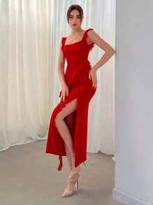 Aloruh Slit Front Valentine's Day Dress With Frill Trim