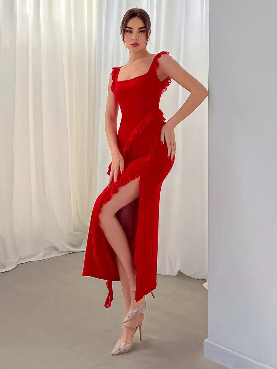 Aloruh Slit Front Valentine's Day Dress With Frill Trim