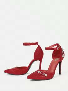 女性のファッショナブルでセクシーなハイヒールの赤いパンプス、ラインストーンで飾られ、尖ったつま先、アウトドア活動用の薄くてハイヒール - レッド - チェックする 2