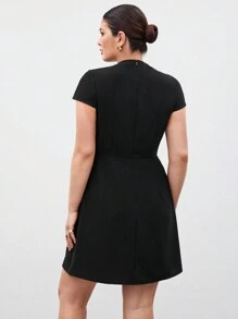 BizChic Plus Size Women'S Solid Color Work Fold Pleated V-Neck Dress - Black - View 2