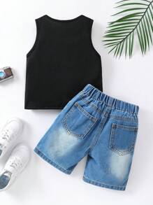 Young Boy's Reflective Game Console Print Vest And Distressed Denim Shorts Set - Black - View 2
