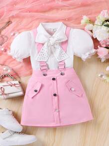 SHEIN Young Girl Spring And Autumn Casual And Cute Lady College Style Shirt And Suspender Skirt Set