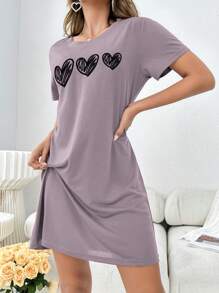 Ladies' Simple Sketch Heart Printed Pajama Night Dress - Violet Purple - View 5