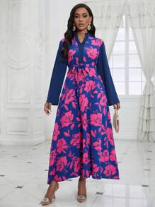 SHEIN Clasi Women'S Floral Patchwork Print Notched Neckline Dress