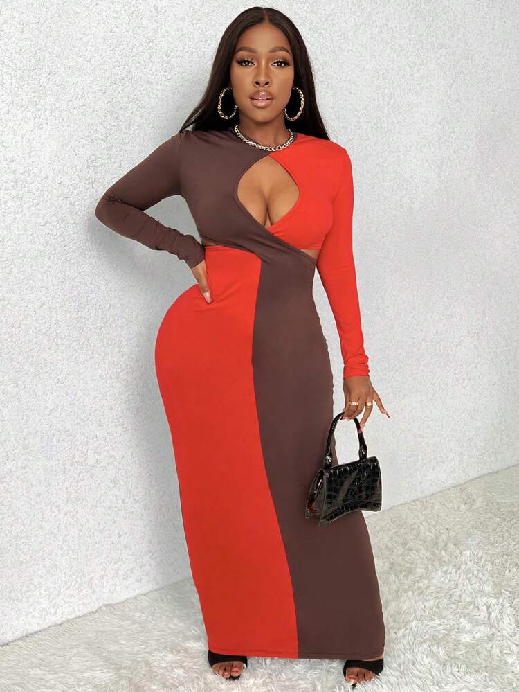 Color-Blocked Hollow Out Bodycon Dress