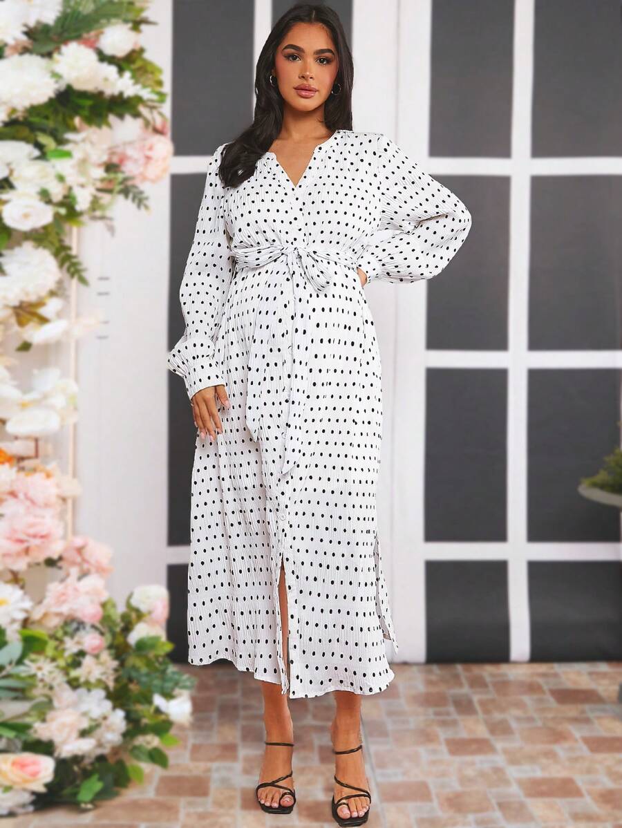 SHEIN Maternity Polka Dot Print Belted Dress - White - View 1