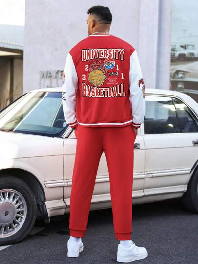 Manfinity Homme 2pcs/Set Men's Plus Size Letter Printed Baseball Jacket And Sweatpants Outfit