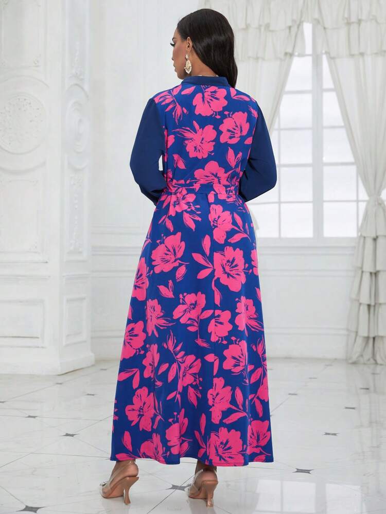 Women'S Floral Patchwork Print Notched Neckline Dress Fall Cloth For Women