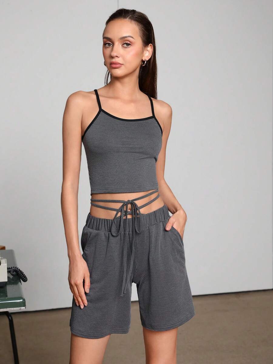 SHEINNeu 2pcs/Set Hollow Out Back Spaghetti Strap Tank Top And Shorts - Light Grey - View 1